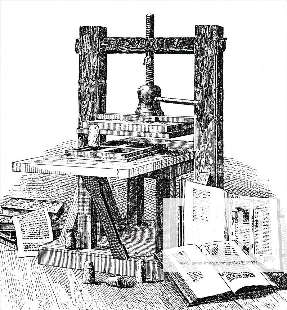 Engraving depicting Johannes Gutenberg s printer. Johannes Gutenberg (1400-1468) a German blacksmith, goldsmith, printer, and publisher who introduced printing to Europe. Dated 19th century,