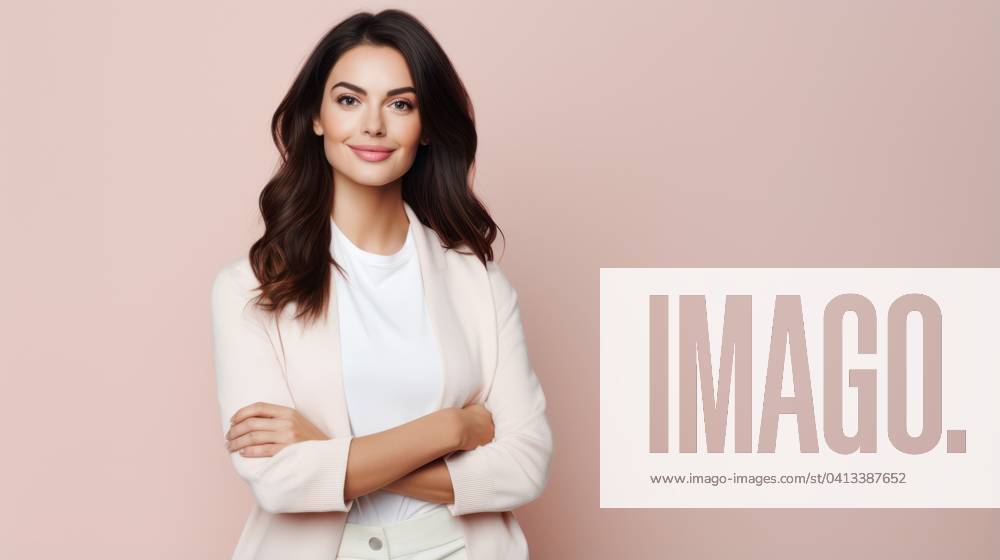 Portrait of a young business woman standing with crossed arms over pink background - Generative AI
