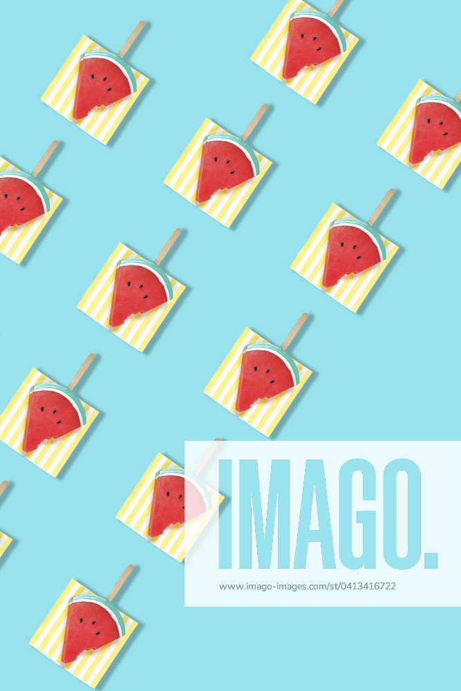 Modern retro color theme pattern of watermelon graphics against an aqua blue background, with negative copy space. Modern retro color theme pattern of watermelon graphics against an aqua blue background, with negative copy space.