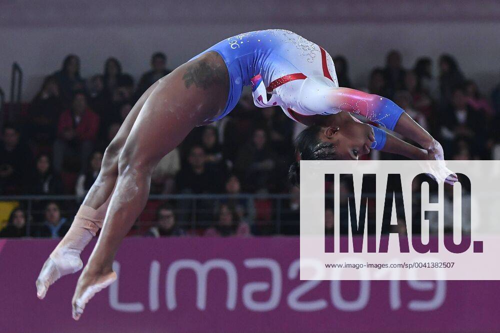 YESENSIA SASKIA FERFERA from Cuba performs a layout back flip on the balance during the team finals competition held in the Polideportivo Villa El Salvador in Lima, Peru. 2019 Pan American Games - Artistic Gymnastics - ZUMAs146 20190727_zap_s146_001