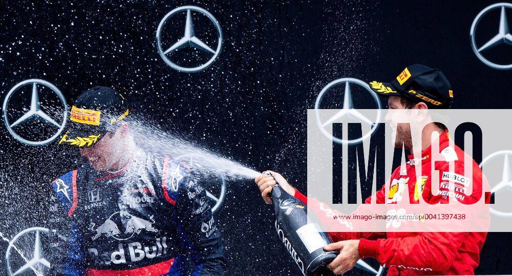 Motorsport FIA Formel 1, Mercedes Benz Großer Preis von Deutschland 2019 Rennen v.l. Siegerehrung, Podium, Jubel, Daniil Kvyat (Red Bull Toro Rosso Honda 26 RUS), Sebastian Vettel (Scuderia Ferrari Mission Winnow 5 GER) Hockenheim