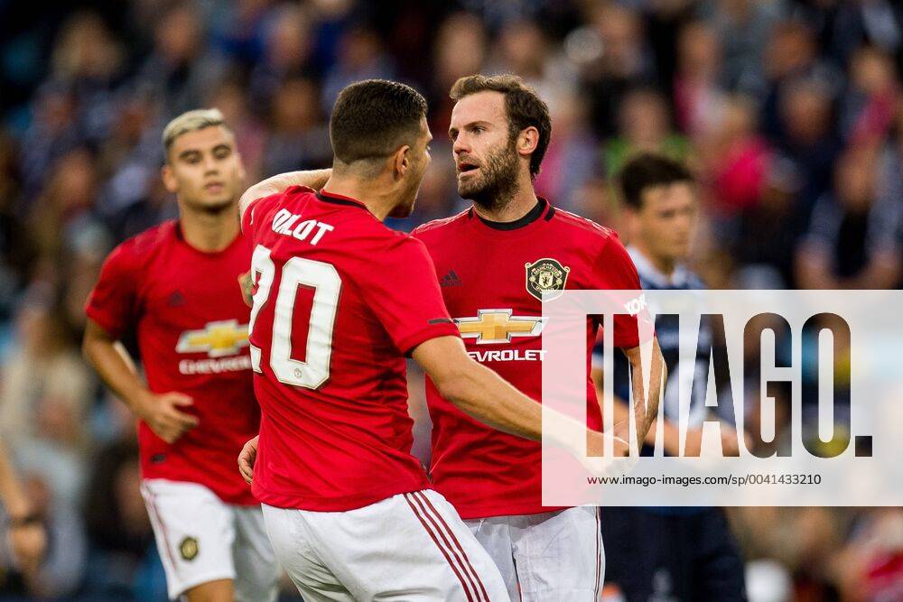Juan Mata of Manchester United, ManU celebrates with teammates after scoring the 0-1 goal during the friendly match between Kristiansund and Manchester United on July 30, 2019 in Oslo. Photo: Jon Olav Nesvold BILDBYRAN kod JE 160448 bbeng fotboll football fotball kristiansund kbk manchester united jubel