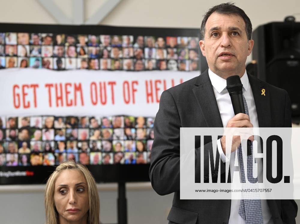 PC by a delegation of families of Israeli hostages BRUSSELS, BELGIUM - FEBRUARY 20 : PC by a delegation of families of Israeli hostages, in the presence of Haim Regev, Israeli Ambassador to the European Union and NATO on February 20, 2024 in Brussels, Belgium, 20 02 2024 Brussels Belgium