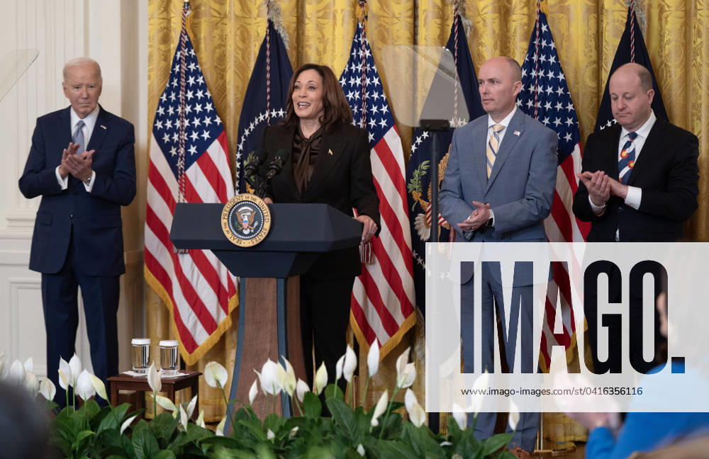 United States Vice President Kamala Harris delivers remarks as US President Joe Biden, Governor Jared Polis (Democrat of Colorado), Vice Chairman of the National Governors Association, and Governor Spencer Cox (Republican of Utah), Chairman of the National Governors Association, look on during the National Governors Association Winter Meeting in the East Room of the White House on Friday, February 23, 2024. The Biden administration announced on February 21 that some 150,000 borrowers will receive a cumulative $1.2 billion in student-debt forgiveness under the income-driven repayment program known as SAVE Washington USA - ZUMAs152 20240223_faa_s152_085