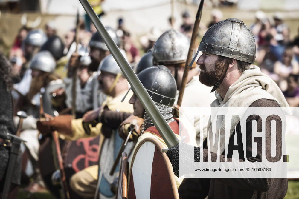 Vikings in battle re-enactment at the Icelandic Festival of Manitoba, Gimli, Manitoba, Canada