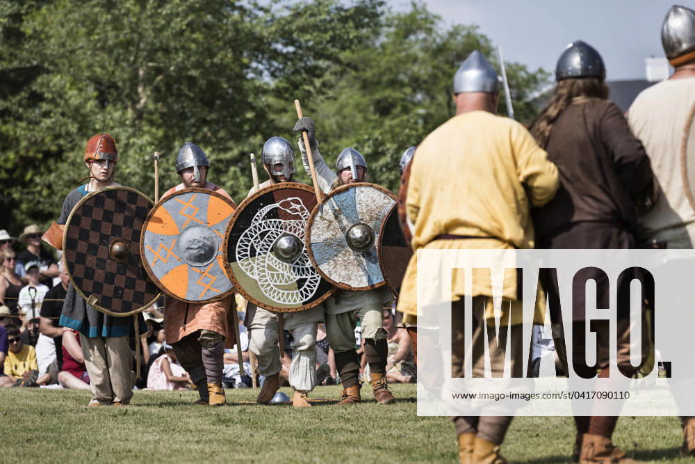 Vikings in battle re-enactment at the Icelandic Festival of Manitoba, Gimli, Manitoba, Canada