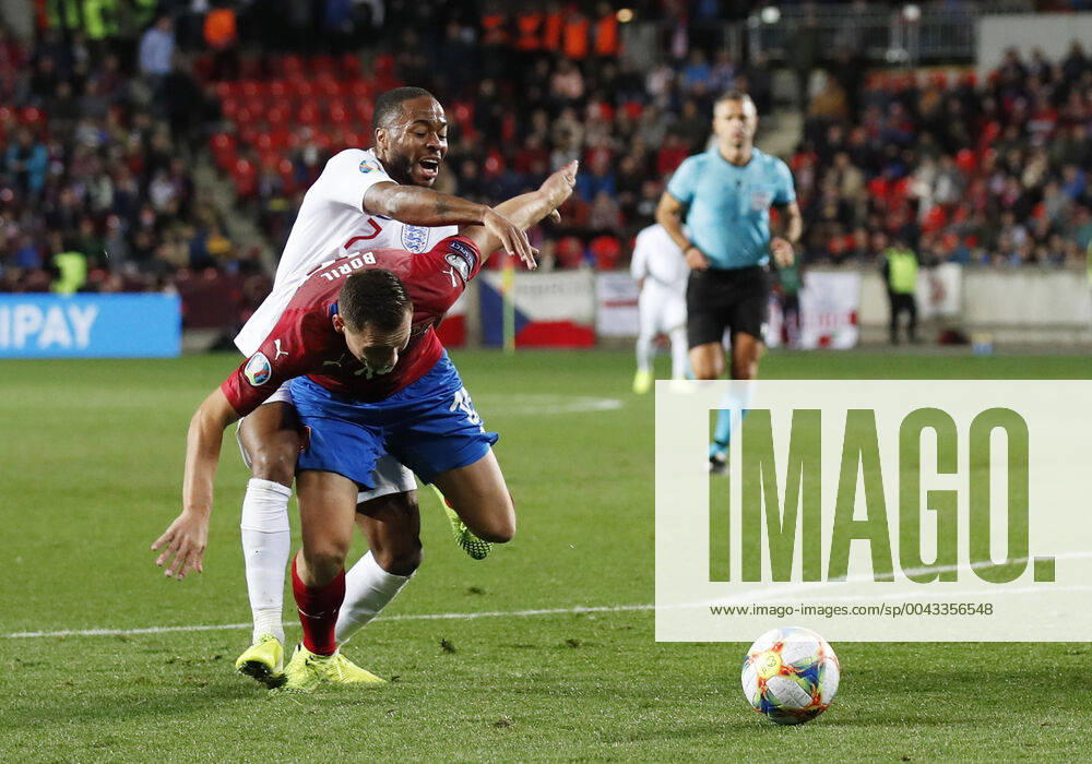 Raheem Sterling of England brought down by Jan Bofil of Czech Republic, no penalty during the UEFA EURO, EM, Europameisterschaft,Fussball 2020 Qualifying match at the Sinobo Stadium, Prague. Picture date: 11th October 2019. Picture credit should read: David Klein Sportimage . SPI-0252-0095