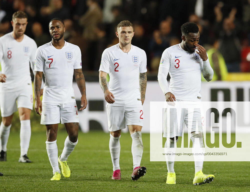 Raheem Sterling, Kieran Trippier and Danny Rose of England walk off dejected during the UEFA EURO, EM, Europameisterschaft,Fussball 2020 Qualifying match at the Sinobo Stadium, Prague. Picture date: 11th October 2019. Picture credit should read: David Klein Sportimage . SPI-0252-0116