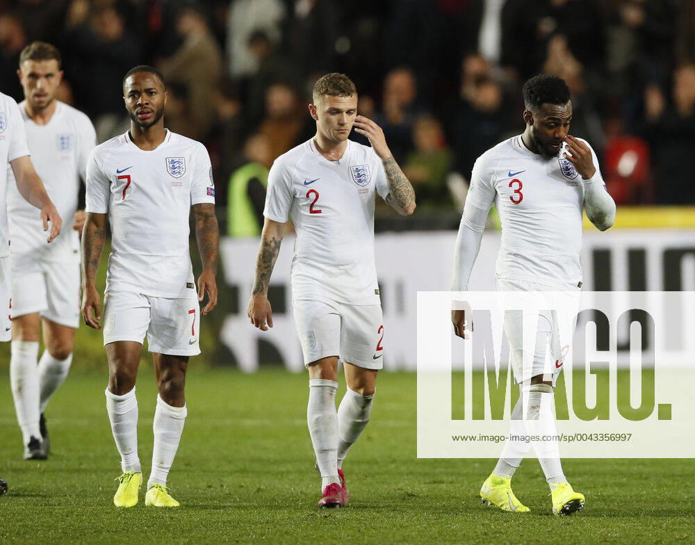 Raheem Sterling, Kieran Trippier and Danny Rose of England walk off dejected during the UEFA EURO, EM, Europameisterschaft,Fussball 2020 Qualifying match at the Sinobo Stadium, Prague. Picture date: 11th October 2019. Picture credit should read: David Klein Sportimage . SPI-0252-0117