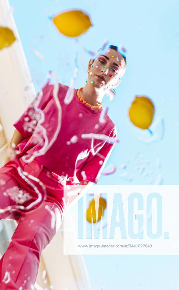 Reflection of young woman in mirror under blue sky model released, Symbolfoto, EGHF00846