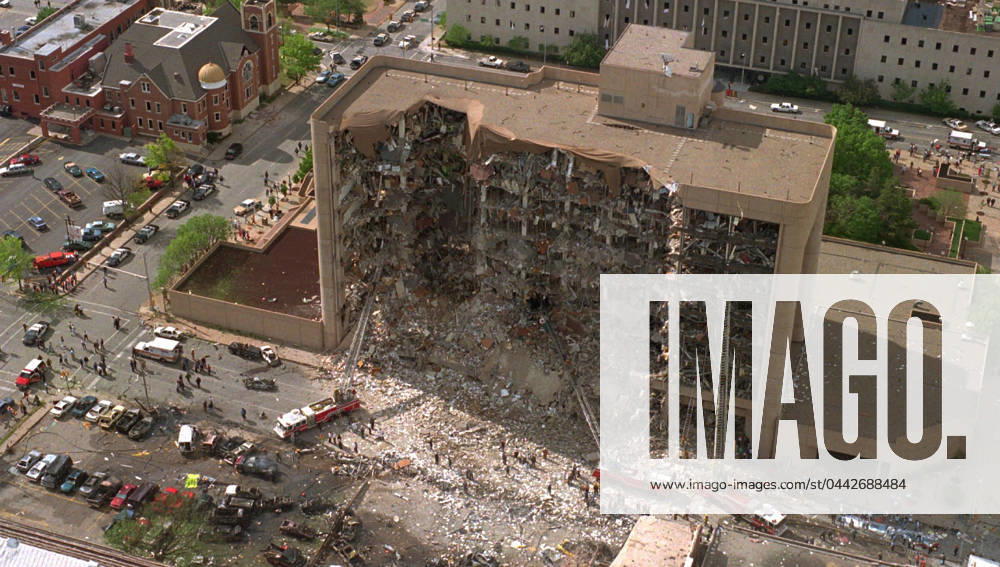 OKLAHOMA CITY BOMBING, 1995. Aftermath of the bombing of the Alfred P. Murrah Federal Building in Oklahoma City, Oklahoma by Timothy McVeigh, 19 April 1995. Photograph.
