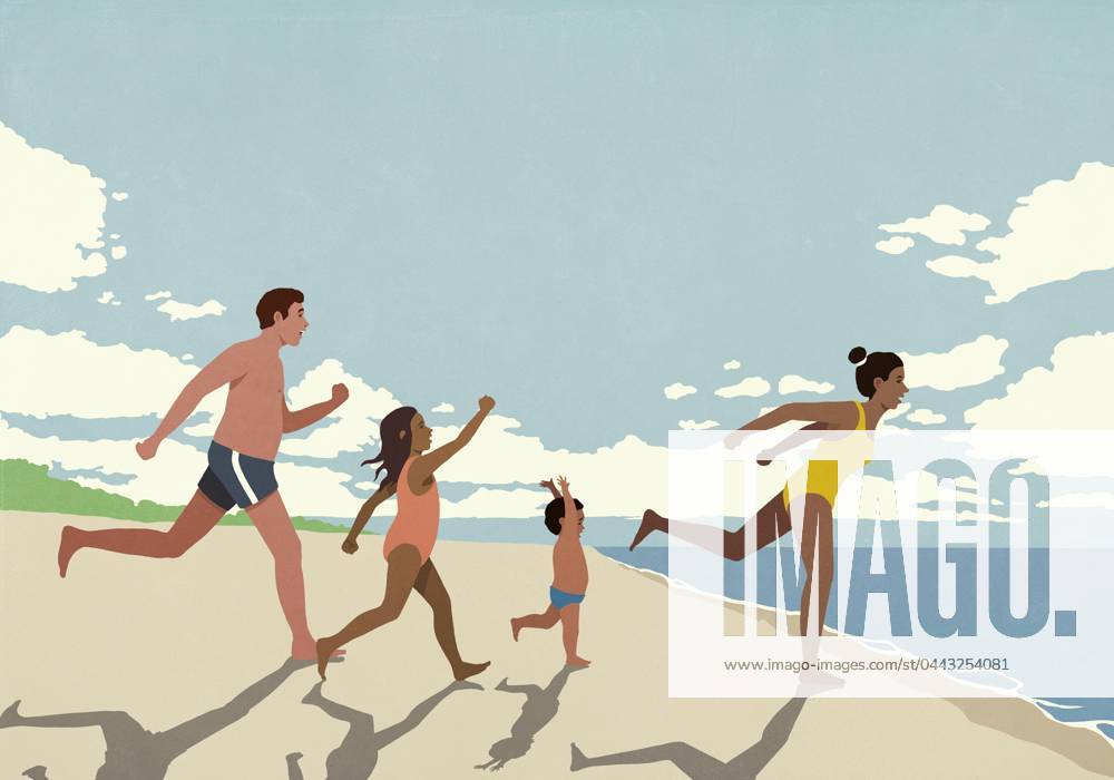 Happy, excited family on vacation running toward ocean on sunny summer beach