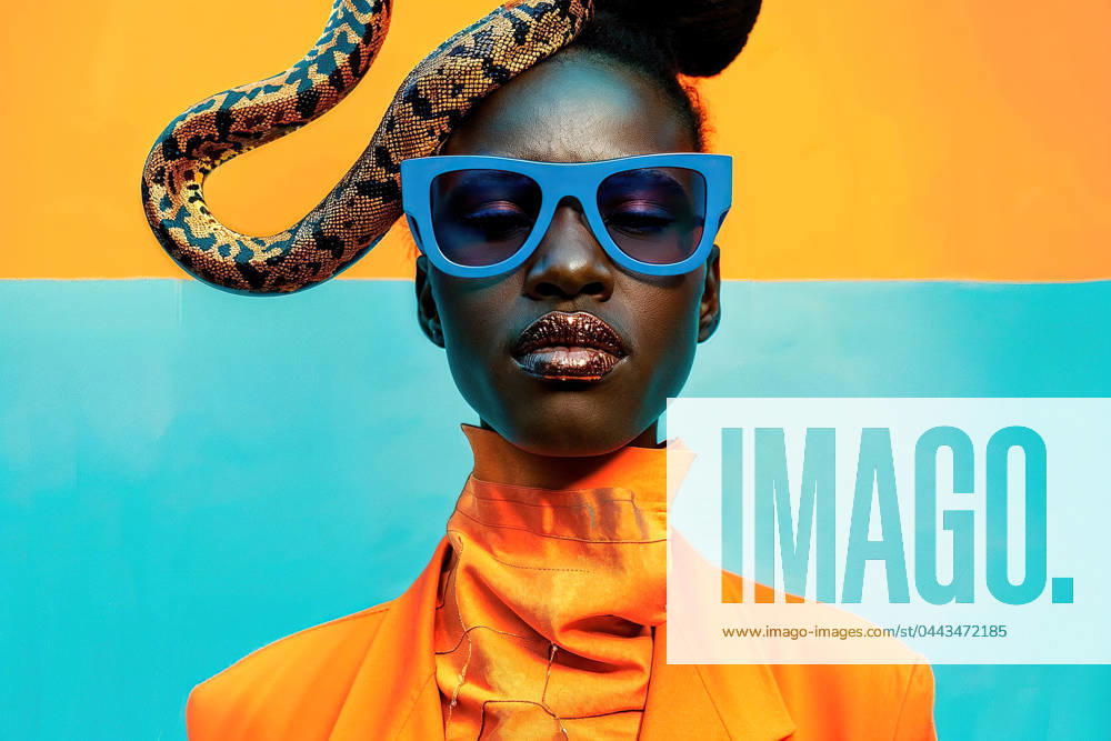 A Black woman standing with sunglasses on her head, a snake winding around her hair, under the sunlight. Model Released AdalbertoRodriguez_ID20484_605048_010