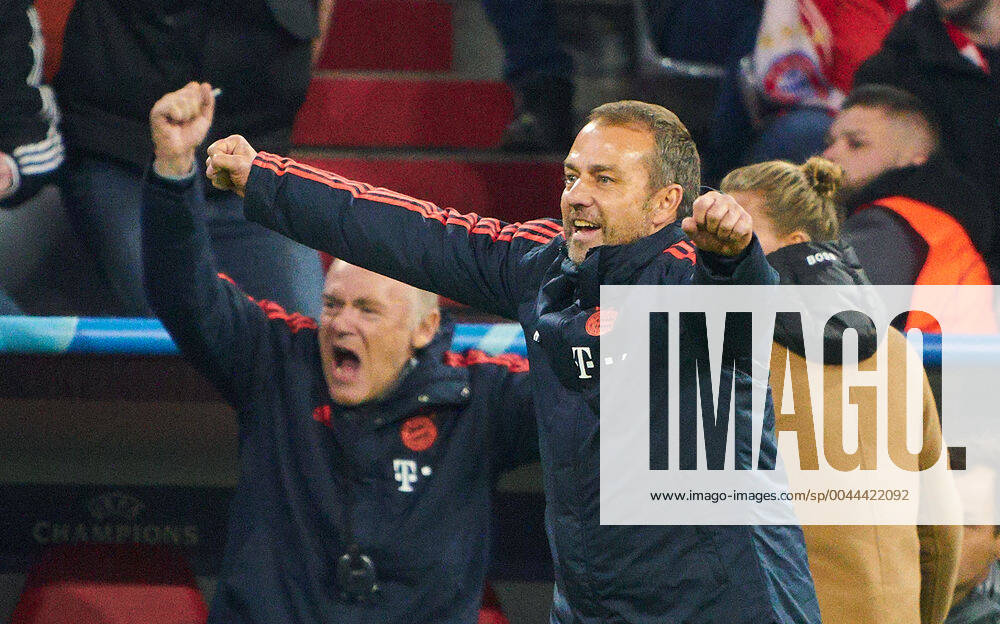 Champions League, Munich-Piraeus, Munich November 6, 2019. Hansi FLICK, FCB Trainer , celebrates 2-0 goal, happy, laugh, celebration, Ivan PERISIC, FCB 14 FC BAYERN MUNICH - OLYMPIACOS PIRAEUS UEFA Football Champions League , Munich, November 06, 2019, Season 2019 2020, group stage ,group B, FCB, Reds, Bavaria, München