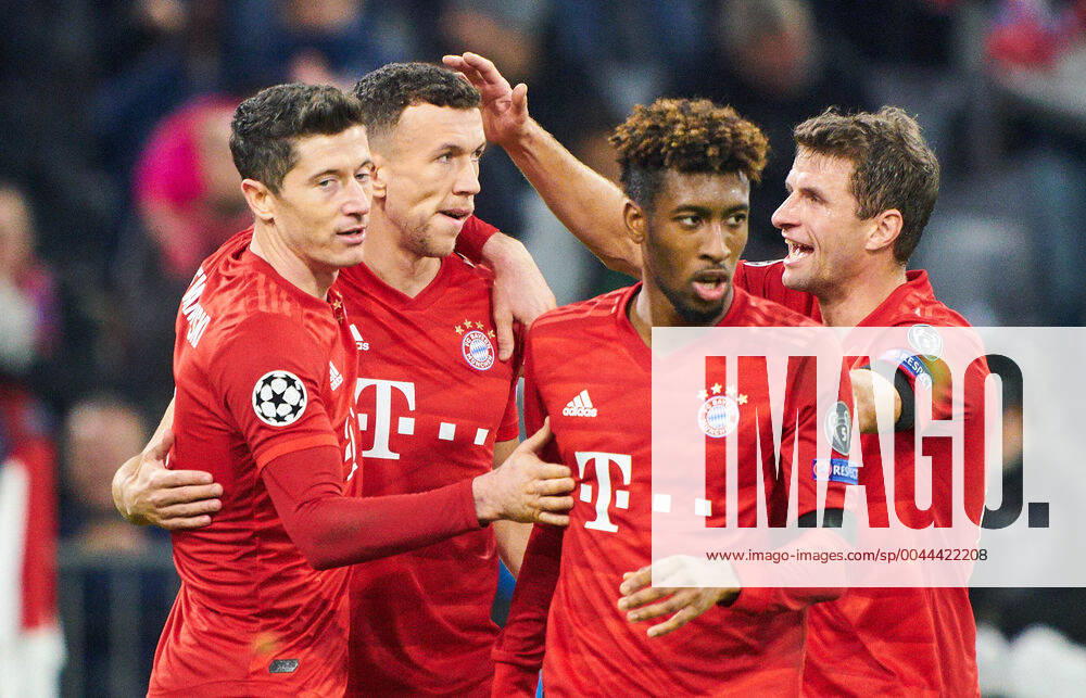 Champions League, Munich-Piraeus, Munich November 6, 2019. Ivan PERISIC, FCB 14 celebrates his 2-0 goal, happy, laugh, celebration, Robert LEWANDOWSKI, FCB 9 Thomas MUELLER, MÜLLER, FCB 25 FC BAYERN MUNICH - OLYMPIACOS PIRAEUS UEFA Football Champions League , Munich, November 06, 2019, Season 2019 2020, group stage ,group B, FCB, Reds, Bavaria, München