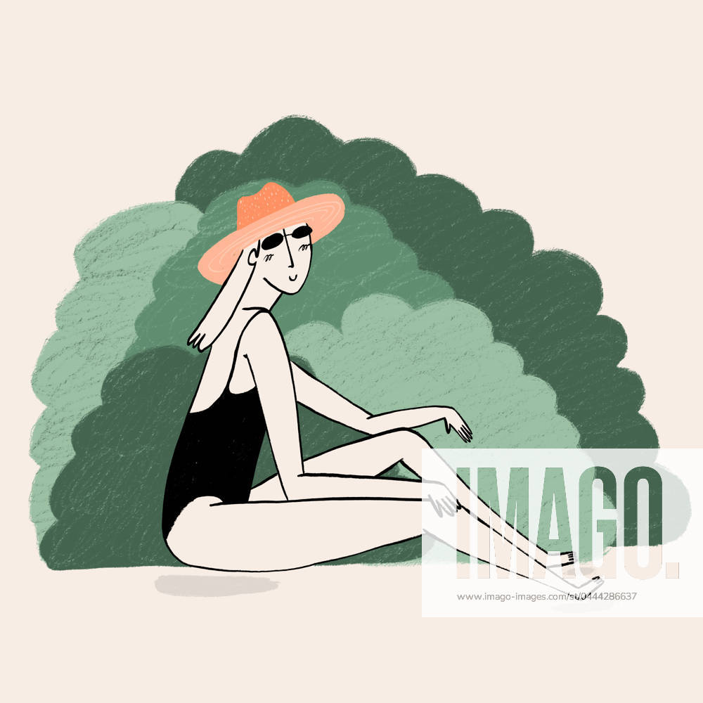 Illustration of a serene woman lounging with a trendy hat, showing summer vibes against a brush-stroked backdrop. Model Released BrendaFebus_ID20840_614765_003