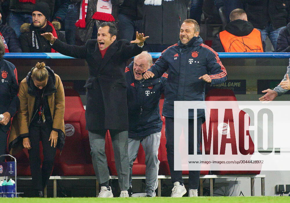 Champions League, Munich-Piraeus, Munich November 6, 2019. Celebration 1-0 goal Robert LEWANDOWSKI, FCB 9 : Hansi FLICK, FCB interims coach, team manager, Hermann GERLAND, (der Tiger) FCB assistant coach, Leiter des FCB Campus , Hasan ( Brazzo ) Salihamidzic, FCB director Kathleen KRUEGER, Teammanager FCB Dr. Hans-Wilhelm Müller-Wohlfahrt, FCB Mannschaftsarzt, FC BAYERN MUNICH - OLYMPIACOS PIRAEUS 2-0 UEFA Football Champions League , Munich, November 06, 2019, Season 2019 2020, group stage ,group B, FCB, Reds, Bavaria, München