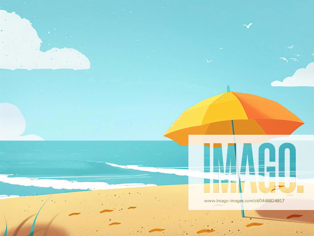 A tranquil beach landscape with a vibrant, orange and yellow umbrella on sandy shores under a clear sky. Generative AI image Model Released Lightsy_ID21154_623884_002