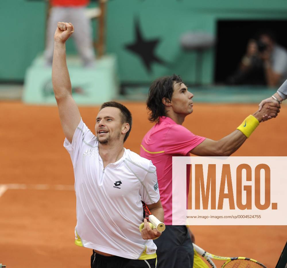 Robin Söderling (Schweden, li.) - Schlussjubel nach dem Erfolg gegen Rafael Nadal (Spanien) Tennis Herren French Open 2009, Grand Slam, ATP Tour Gruppe Roland Garros Paris Freude,