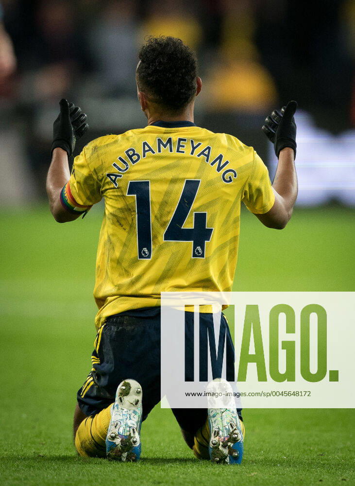 Pierre-Emerick Aubameyang of Arsenal during the Premier League match between West Ham United and Arsenal at the Olympic Park, London, England on 9 December 2019.