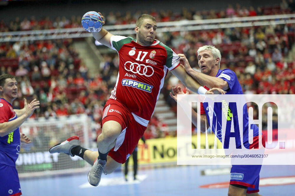MALMO 20200111 Hungary s Ungerns Bence Nagy against Russia s (R) Gleb Kalarash during the Men s EHF EURO 2020 Handball group E match preliminary round between Hungary and Russia in Malmo Arena Saturday Jan. 11, 2020. Photo Andreas Hillergren TT kod 10600 Malmo Sweden