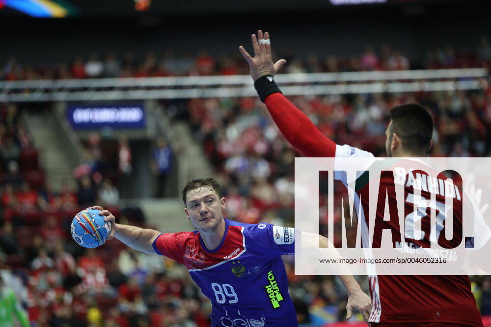 MALMO 20200111 Russia s Dmitrii Zhitnikov attack Hungary s Bence Banhidi (27) during the Men s EHF EURO 2020 Handball group E match preliminary round between Hungary and Russia in Malmo Arena Saturday Jan. 11, 2020. Photo Andreas Hillergren TT kod 10600 Malmo Sweden