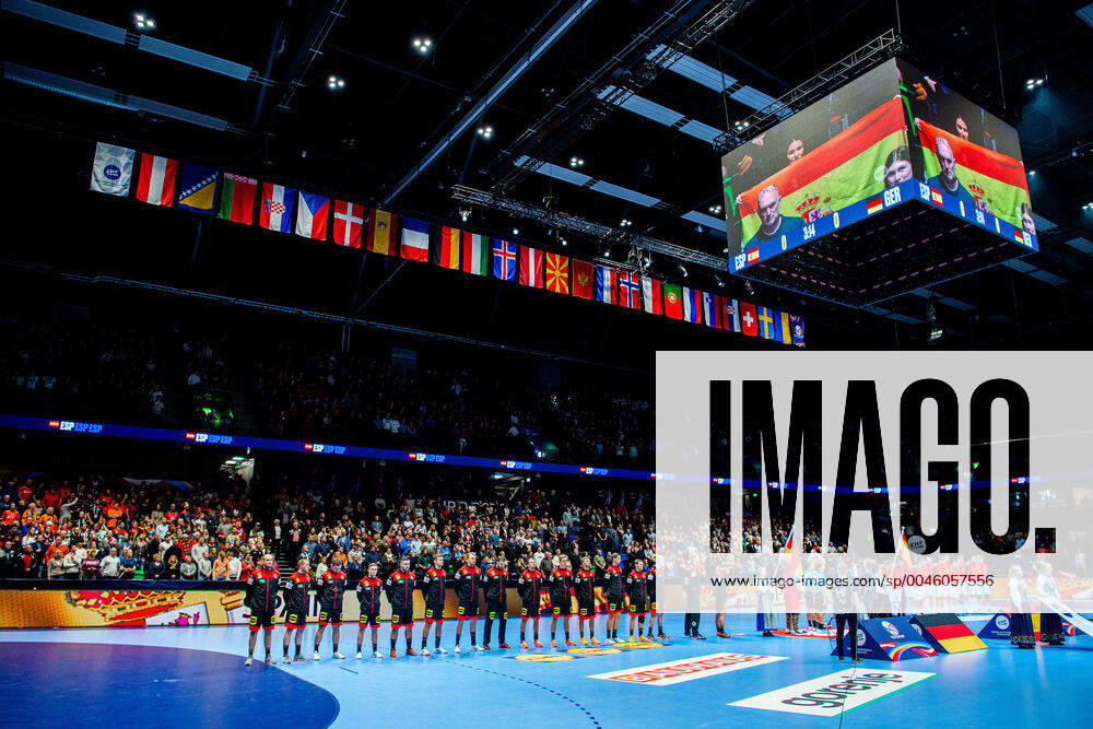 The players of Germany line up ahead of the EHF European Handball Championship match between Spain and Germany on January 11, 2020 at Trondheim Spektrum in Trondheim. Photo: Vegard Wivestad Grott BILDBYRAN kod VG 170462 bbeng handball handball handboll handball-em 2020 european men?s handball championship 2020 em 2020 handbolls-em 2020 ehf euro 2020 spania spanien tyskland germany deutschland arena