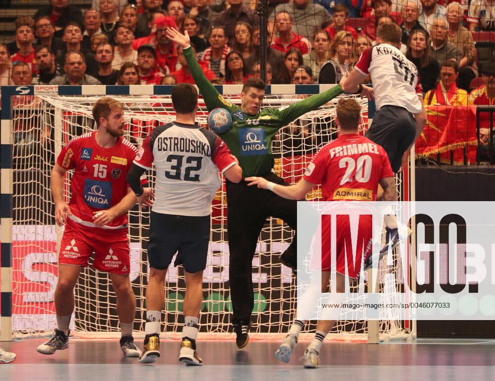 HANDBALL - EHF EURO 2020, AUT vs UKR VIENNA,AUSTRIA,12.JAN.20 - HANDBALL - EHF European Men s Handball Championship 2020, group stage, Austria vs Ukraine. Image shows Artem Kozakevych (UKR), Thomas Eichberger (AUT), Sebastian Frimmel (AUT) , Vladyslav Ostroushko (UKR) and Fabian Posch (AUT). GEPAxpictures xChristianxOrt