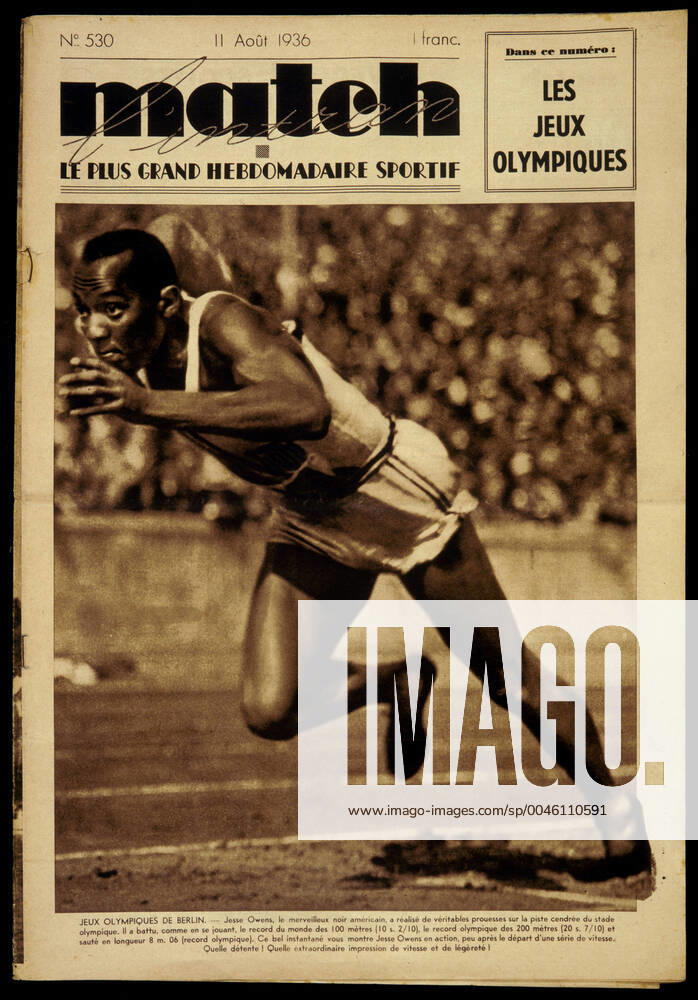 JEUX OLYMPIQUES 1936 Le coureur americain Jesse OWENS (1913-1980) en couverture de Match l Intran du 11 Aout 1936, lors des jeux olympiques de Berlin. Credit : Collection Kharbine-Tapabor.