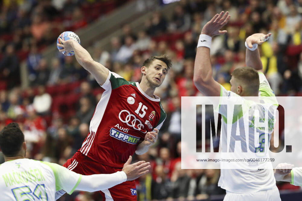 MALMOE 20200119 Hungarys Matyas Gyori (15) in action against Slovenias Nik Henigman (3) during the Men s European Handball Championship main round Group 2 match between Slovenia and Hungary at Malmo Arena, Friday Jan. 19, 2020. Foto Andreas Hillergren TT kod 10600 Malmo Sweden