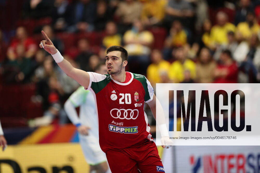 MALMOE 20200119 Hungary s Miklos Rosta celebrates after scoring during the Men s European Handball Championship main round Group 2 match between Slovenia and Hungary at Malmo Arena, Friday Jan. 19, 2020. Foto Andreas Hillergren TT kod 10600 Malmo Sweden