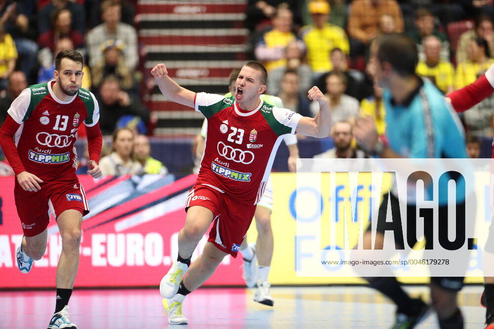 MALMOE 20200119 Hungary s Dominik Mahte scores during the Men s European Handball Championship main round Group 2 match between Slovenia and Hungary at Malmo Arena, Friday Jan. 19, 2020. Foto Andreas Hillergren TT kod 10600 Malmo Sweden