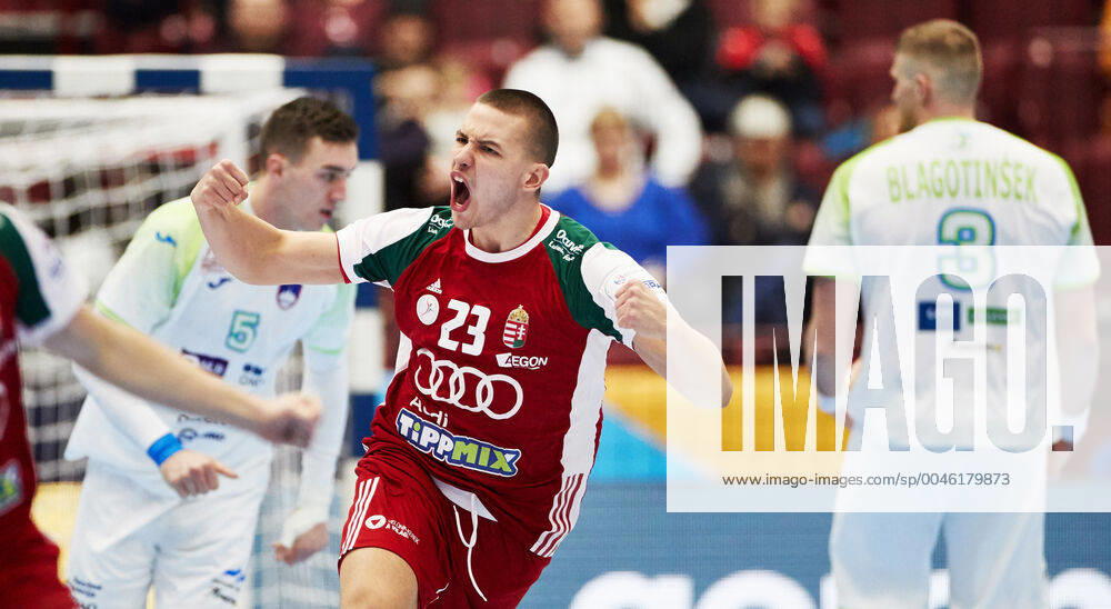 MALMOE 20200119 Hungary s Dominik Mahte scores during the Men s European Handball Championship main round Group 2 match between Slovenia and Hungary at Malmo Arena, Friday Jan. 19, 2020. Foto Andreas Hillergren TT kod 10600 Malmo Sweden