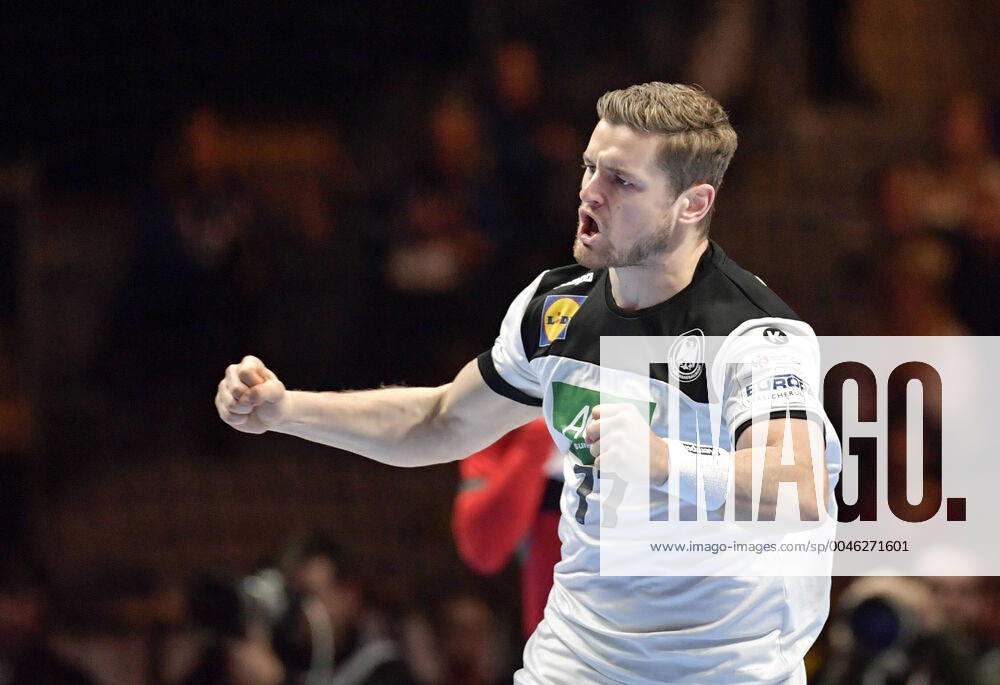 Germany s David Schmidt celebrates after scoring during the match for fifth sixth place between Germany and Portugal during the Men s European Handball Championship in Stockholm, Sweden, on Jan. 25, 2020. Stockholm Sverige
