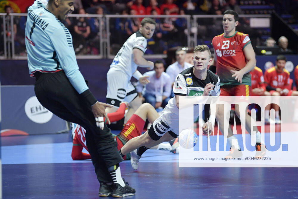 Germany s Timo Kastening in action against Portugal s goal keeper Alfredo Quintana during the match for fifth sixth place between Germany and Portugal during the Men s European Handball Championship in Stockholm, Sweden, on Jan. 25, 2020. Stockholm Sverige