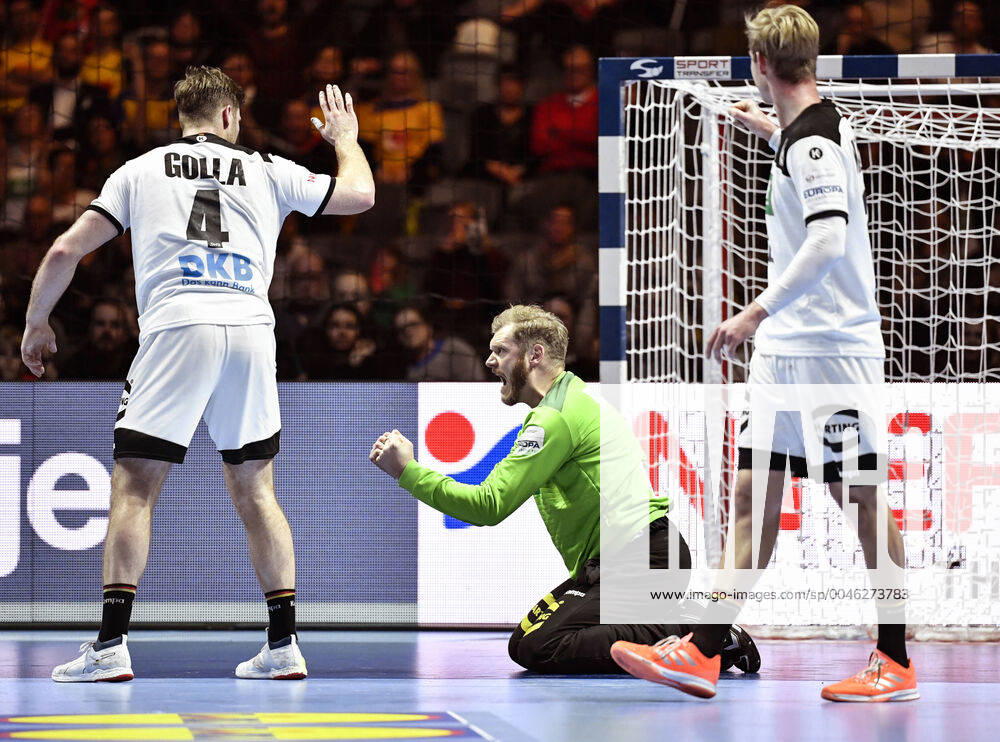 Germany s goalkeeper Johannes Bitter (C) celebrates after making a save during the match for fifth sixth place between Germany and Portugal during the Men s European Handball Championship in Stockholm, Sweden, on Jan. 25, 2020. Stockholm Sverige