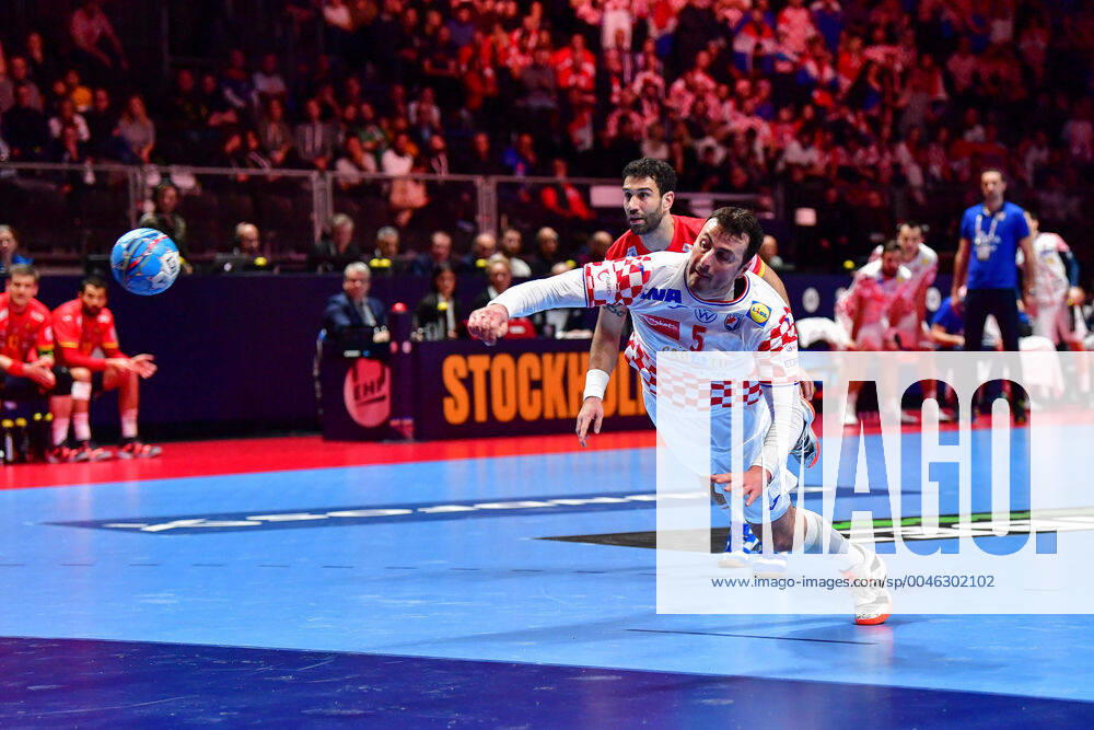 Handball Europameisterschaft Finale, 26.01.2020, Spanien - Kroatien, Tele2 Arena, Stockholm Domagoj Duvnjak (Kroatien, 5) Siebenmeter Action Wurf Torwurf, 26.01.2020, Stockholm (Schweden), Handball, EM 2020, Finale, Kroatien - Spanien