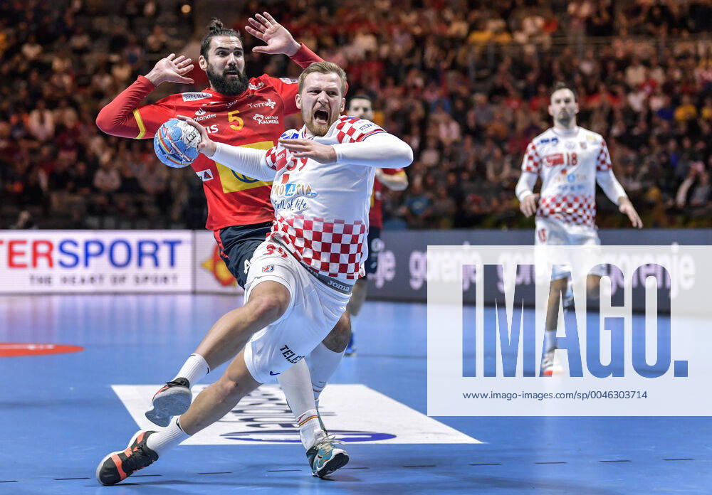Croatia s David Mandic in action during the Men s European Handball Championship final match between Spain and Croatia in Stockholm, Sweden, on Jan. 26, 2020. Stockholm Sverige HANDBALL
