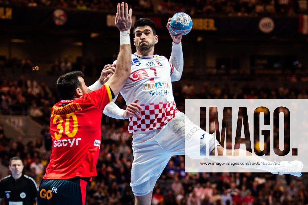 Luka Stepanic of Croatia and Gedeon Guardiola Villaplana of Spain during the EHF European Handball Championship final between Spain and Croatia on January 26, 2020 in Stockholm.