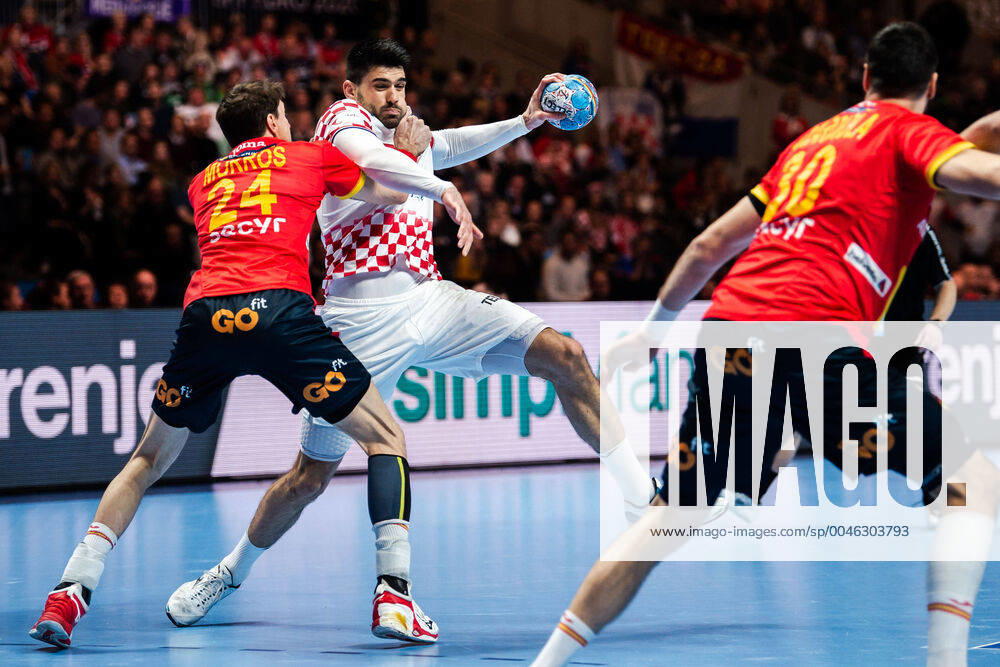 Viran Morros de Argila of Spain and Luka Stepanic of Croatia during the EHF European Handball Championship final between Spain and Croatia on January 26, 2020 in Stockholm.