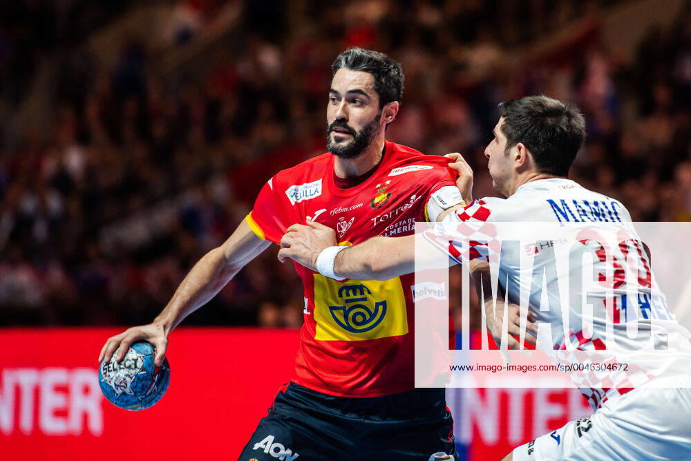 Raul Entrerrios Rodriguez of Sweden and Marko Mamic of Croatia during the EHF European Handball Championship final between Spain and Croatia on January 26, 2020 in Stockholm.