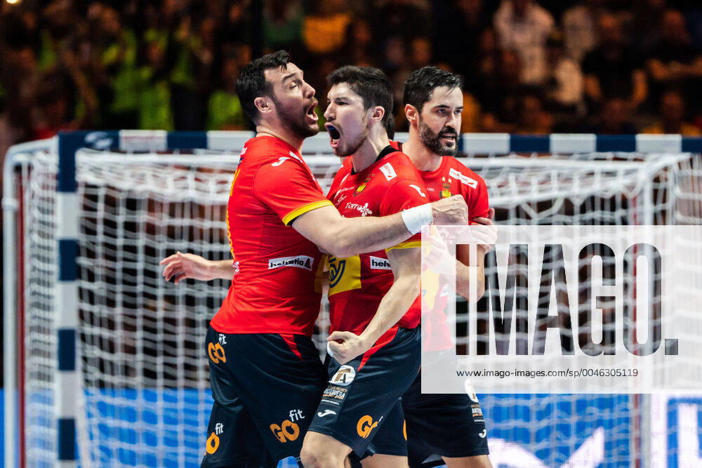 Gedeon Guardiola Villaplana and Raul Entrerrios Rodriguez of Spain celebrate during the EHF European Handball Championship final between Spain and Croatia on January 26, 2020 in Stockholm.