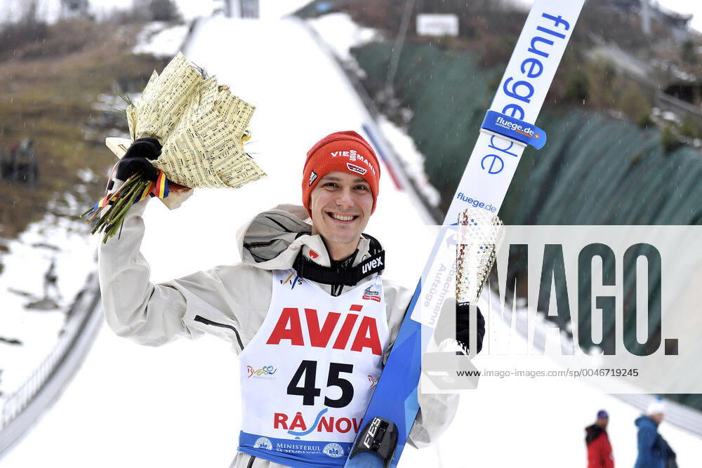 KW08 Fis Ski jumping, Skispringen, Ski, nordisch World Cup Competition, Men Normal Hill Individual, in Rasnov, Romania Stephan Leyhe of Germany celebrates the second place during the Fis Ski Jumping World Cup Competition, Men Normal Hill Individual, in Rasnov, Romania, 21 february 2020 Credit: Alex Nicodim IMAGO