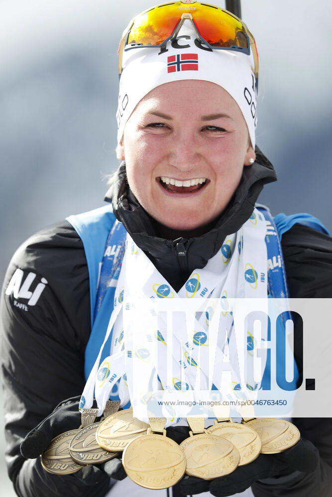 KW08 Winner 1 Marte Olsbu Roeiseland, NOR and her medals during Biathlon, IBU World Championships Women 12.5 Km mass start competition at the Suedtirol arena Alto Adige on 23. February 2020 in Anterselva-?Antholz, Italy. (Kalle Parkkinen Newspix24)
