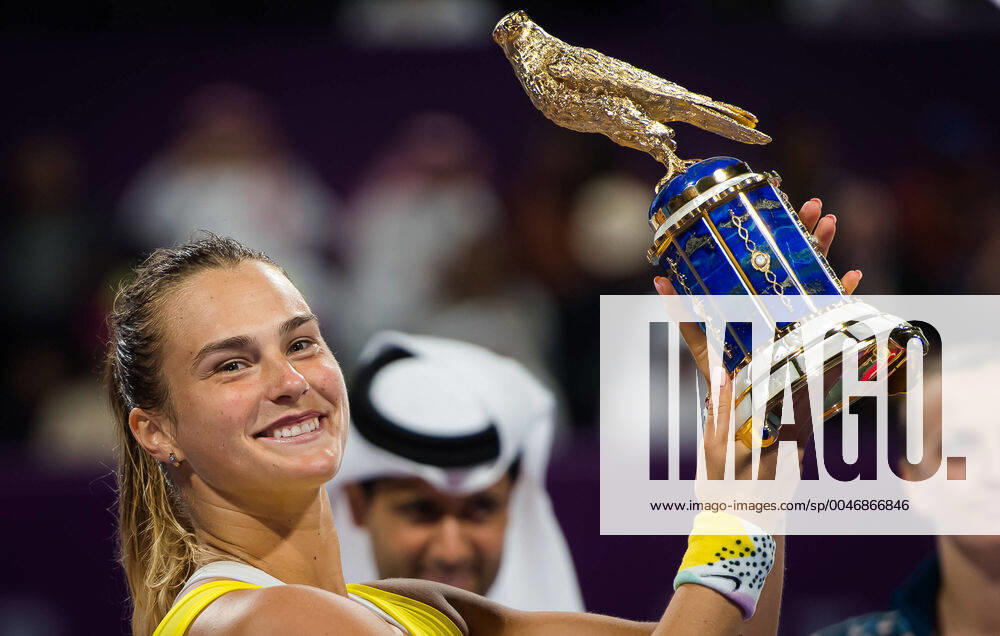 Aryna Sabalenka of Belarus poses with the champions trophy after winning the final of the 2020 Qatar Total Open WTA, Tennis Damen Premier 5 tennis tournament against Petra Kvitova of the Czech Republic 2020 Qatar Total Open, Tennis, Doha, Qatar, Feb 29 - ZUMAa181 20200229_zaa_a181_162