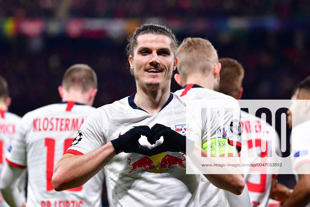 KW11 Fußball Champions League Achtelfinale RB Leipzig - Tottenham Hotspur am 10.03.2020 in der Red Bull Arena in Leipzig Torjubel zum 1:0 durch Marcel Sabitzer ( Leipzig ) DFL Regulations prohibit any use of photographs as image sequences and or quasi video.