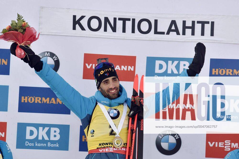 KW11 Martin Fourcade of France celebrates victory and end of career after the men s 12,5 km Pursuit competition at the IBU Biathlon World Cup in Kontiolahti, Finland, on March 14, 2020. Fourcade ends his career now at the end of the season in Kontiolahti where he took his first World Cup victory exactly 10 years ago on March 14, 2010. Kontiolahti Finland LKFTJK20200314154302OLZN