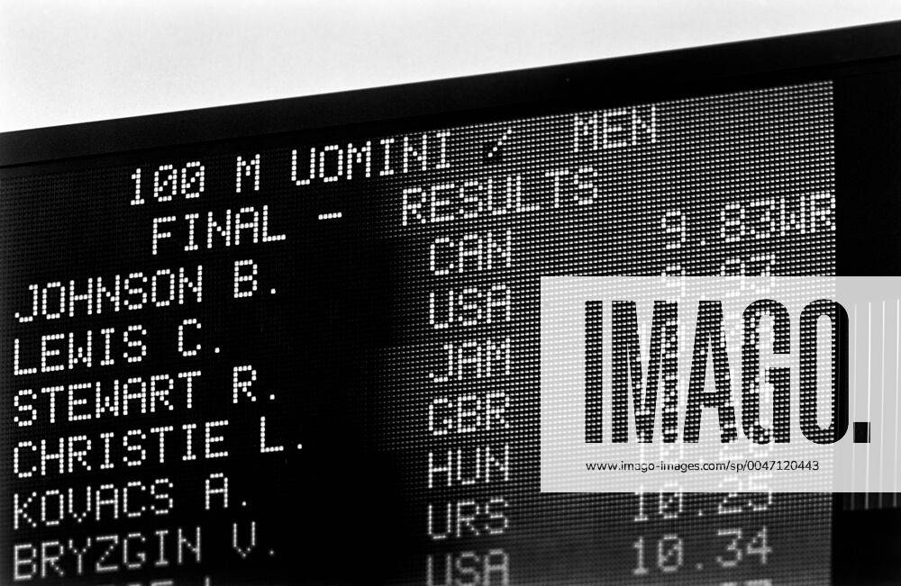 Athletics, World Athletics Championships: The scoreboard after 100 m shows Ben Johnson of Canada as winner before Carl Lewis of USA at The World Athletics Championships on August 30, 1987 in Rome, Italy. In 1989 Johnson was disqualified for doping. BILDBYRAN