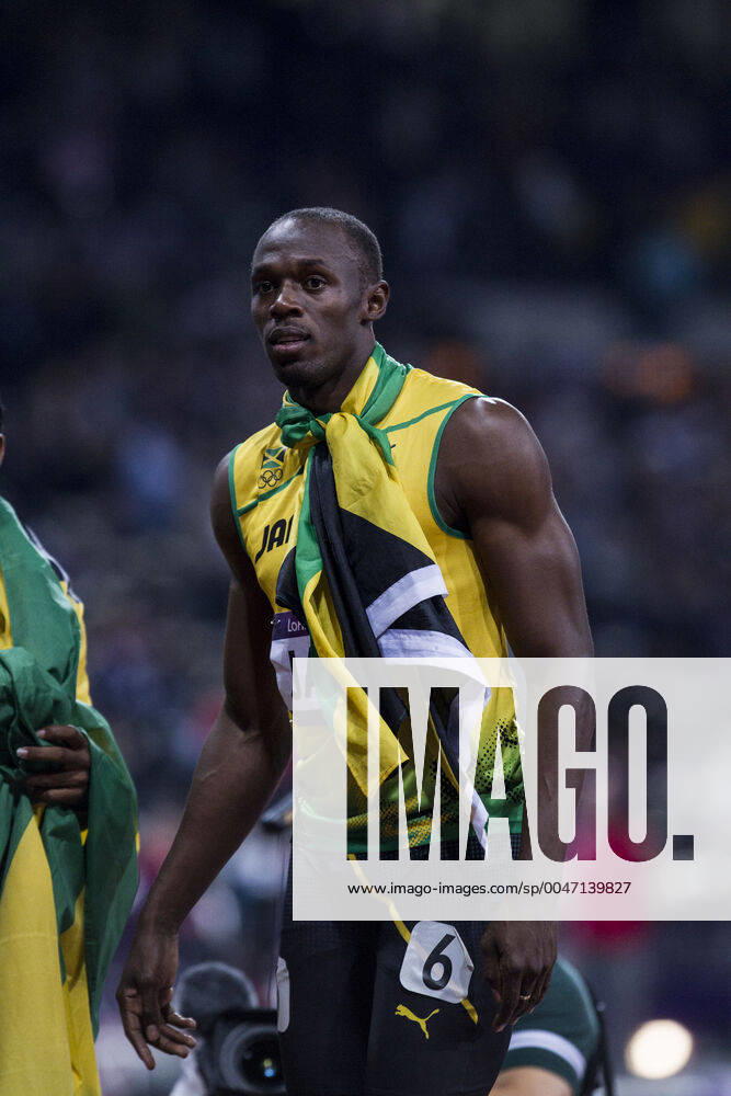London 2012 Olympics Track and Field Usain Bolt after winning the gold medal for Jamacian in the 4X100m relay at the Olympic Summer Games, London 2012 London England
