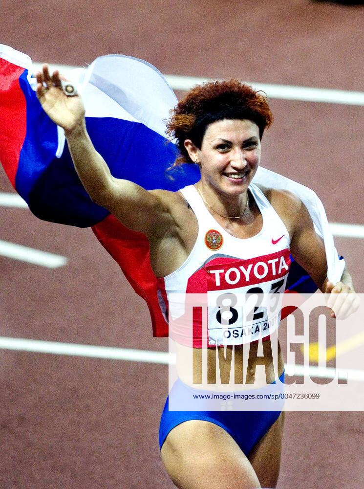 Athletics, World Athletics Championships: Gold medalist Tatyana Lebedeva of Russia celebrate after womens long jump at The World Athletics Championships on August 28, 2007 in Osaka, Japan. BILDBYRAN